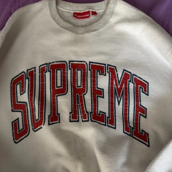 Supreme White Crewneck Sweater with Red Logo